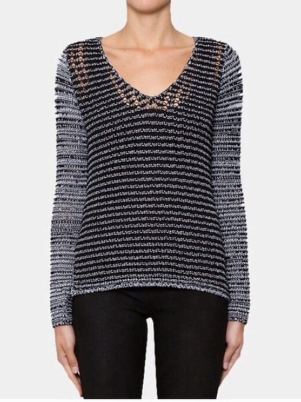 Helmut Lang black and white open knit v neck sweater Med